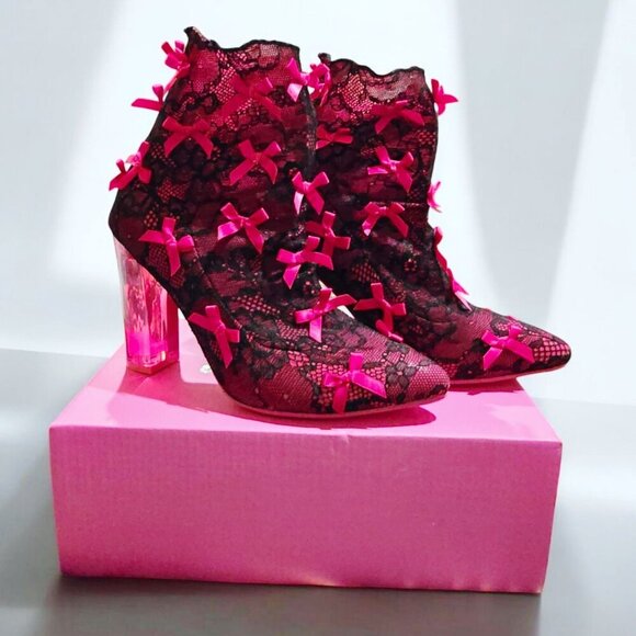 Sugar Thrillz Lace Booties | Pink Stretch Transparent Heel Bow Accent 7 - Picture 4 of 14